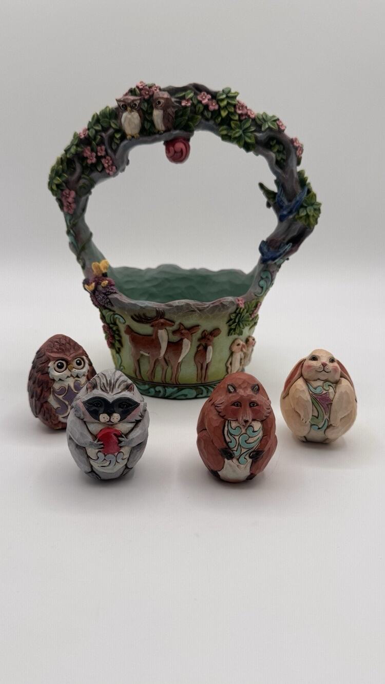 Jim Shore SIGNS OF SPRINGTIME Set of 5 Woodland Basket 4048850 RARE 2014 Read*